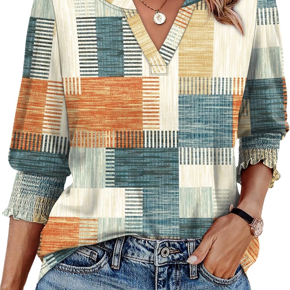 Colorful Patchwork Blouse with 3/4 Sleeves